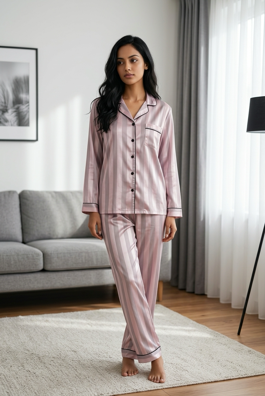 Náttföt satín röndótt M-XL. 6 Litir.
